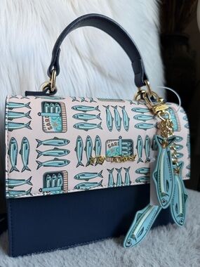 Betsey Johnson Navy & Light Pink Sardine Print Top-Handle Crossbody Bag